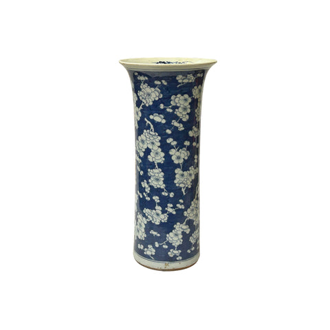 Vintage Chinese Blue White Blossom Wide Mouth Column Porcelain Vase ws4329S