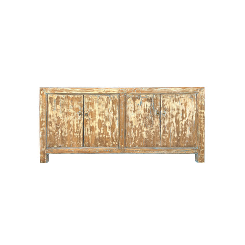 Distressed Bleached White Blue Wash Rough Wood Credenza Console Cabinet ws4340S