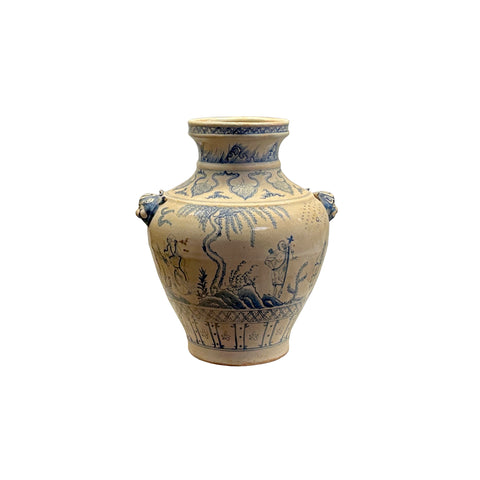 Vintage Handmade Light Tan Cream Base Blue Scenery Graphic Pottery Ceramic Vase ws4414S