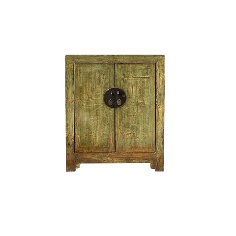 Distressed Olive Green MoonFace 2 Doors End Table Nightstand Cabinet ws4427S