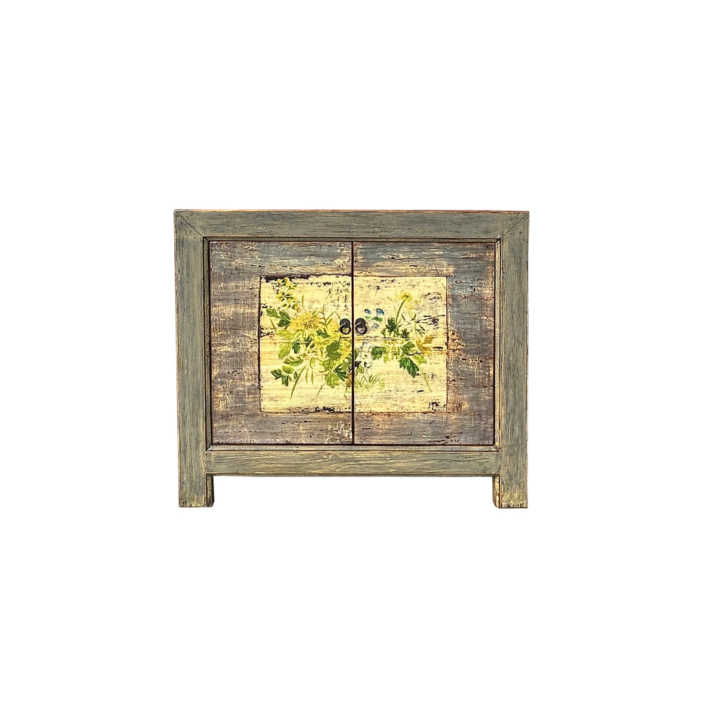 Distressed Grey Flower Bird Graphic Credenza Sideboard Console Cabinet ws4431S