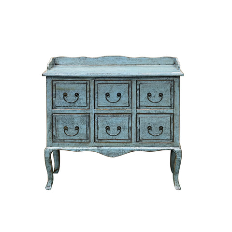 Distressed Pale Blue Curved Legs 6 Drawers Dresser Credenza Side Table ws4438S