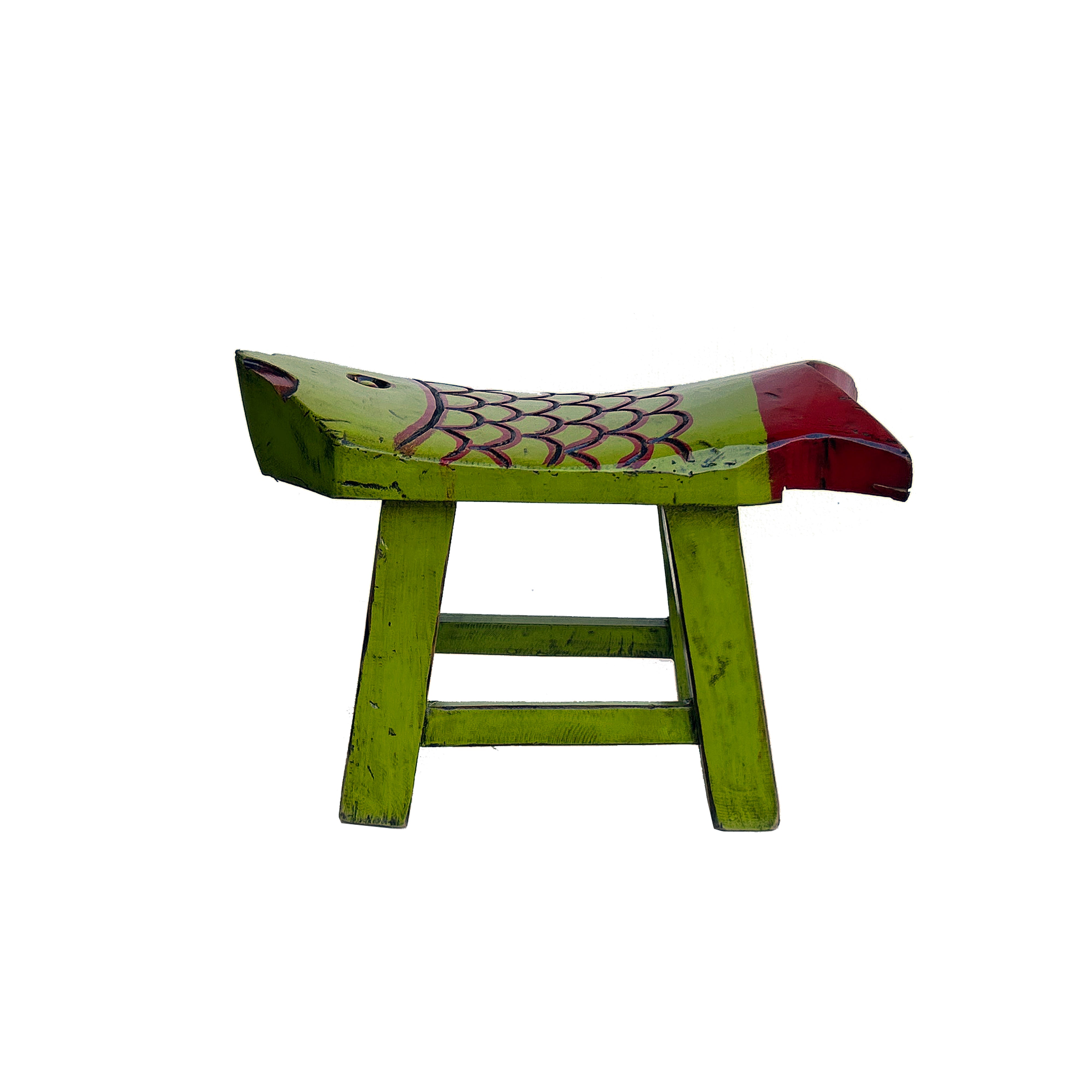 Distressed Lime Green Red Head Tail Small Fish Shape Wood Stool ws4452S Distressed Lime Green Red Head Tail Small Fish Shape Wood Stool ws4452S