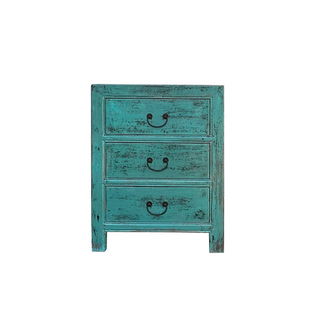Distressed Teal Green Marks 3 Drawers End Table Nightstand Cabinet ws4459S