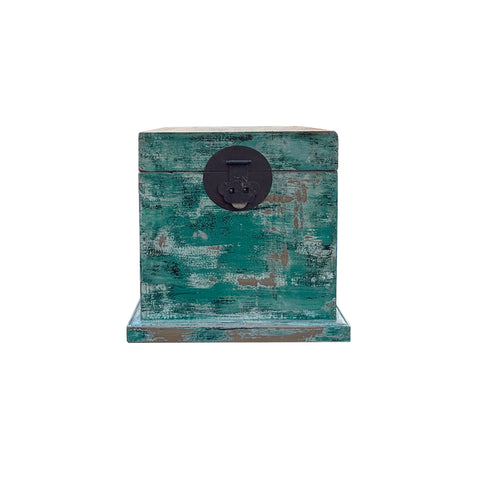Distressed Teal Green Square Moon Face Wood Trunk Box ws4488S