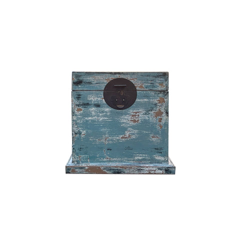 Distressed Pastel Light Blue Square Moon Face Wood Trunk Box ws4498S