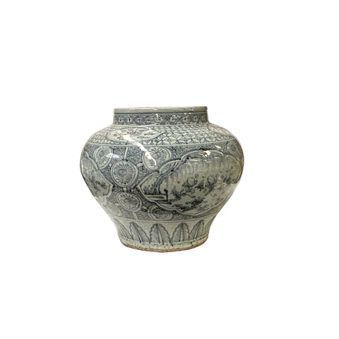 Vintage Fade Gray Blue White Fat Body Scenery Graphic Porcelain Vase ws4501S