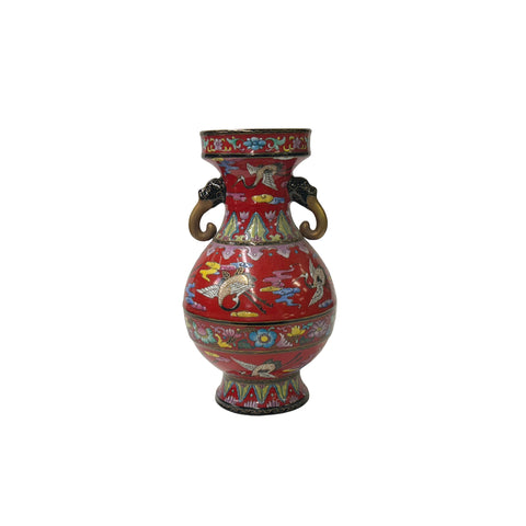 Oriental Red Elephant Heads Cranes Flower Graphic Small Porcelain Art Vase ws4506S