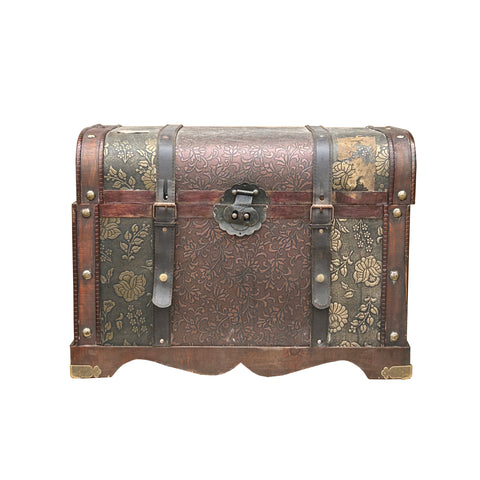 Vintage Weathered Patina Treasure Chest Shape Wood Trunk Box ws4528S