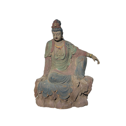 Vintage Chinese Cross Legs Guan Yin Bodhisattva Wood Statue ws4529S