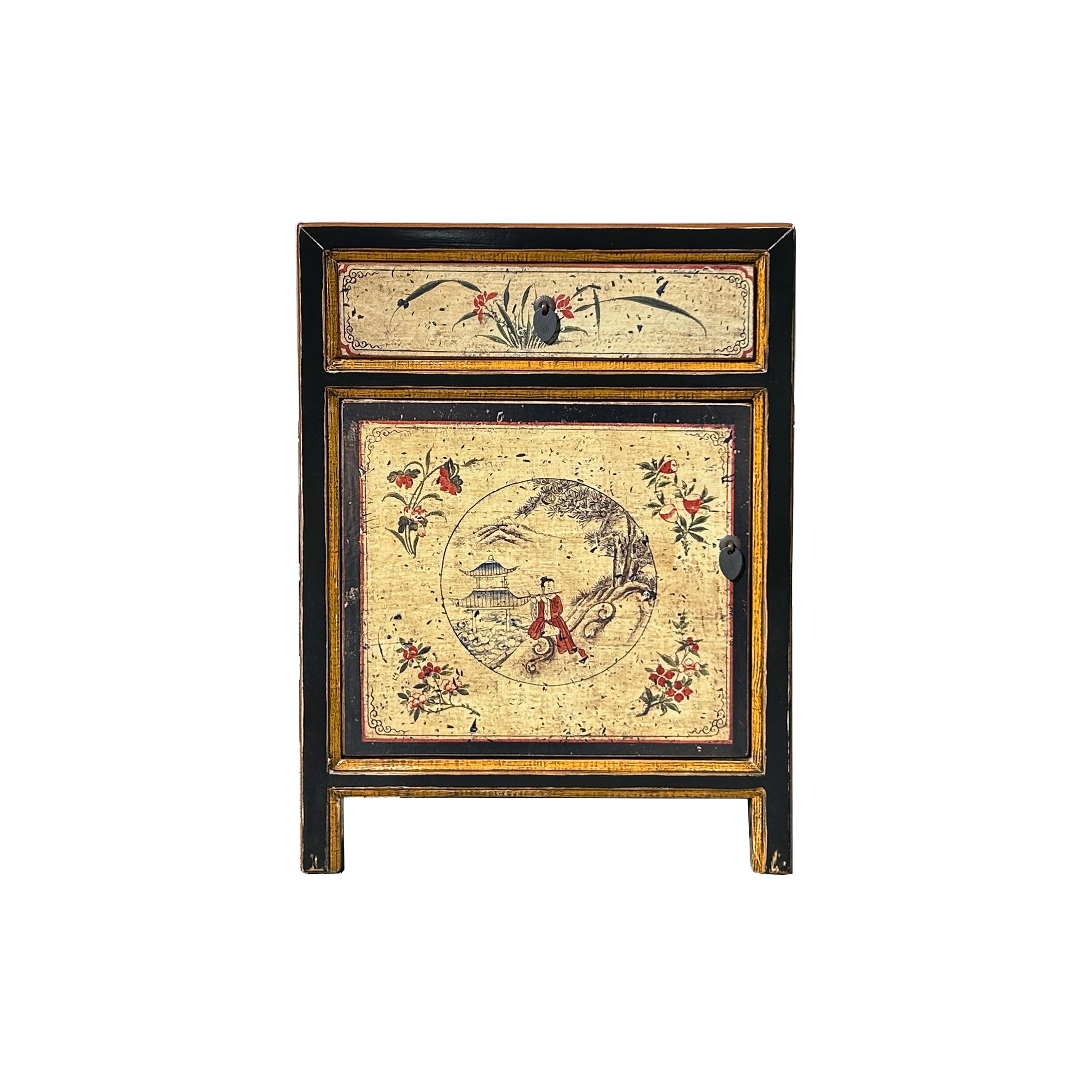 Oriental Beige Base Scenery Graphic Black Body End Table Nightstand ws4530S