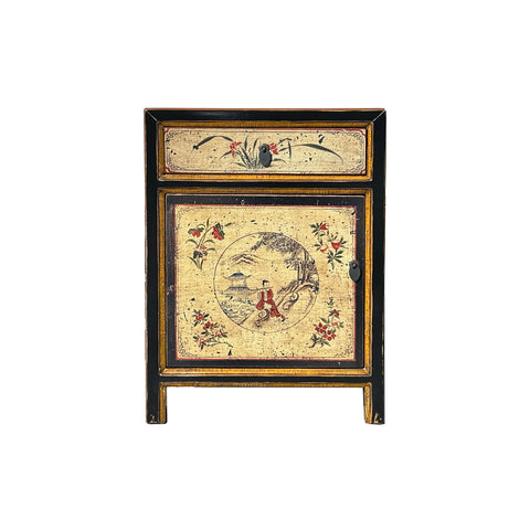Oriental Beige Base Scenery Graphic Black Body End Table Nightstand ws4530S