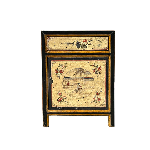 Oriental Beige Base Scenery Graphic Black Body End Table Nightstand ws4531S