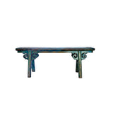 Distressed Brown Green Blue Village Slim Narrow Scroll Apron Wood Bench ws4536S