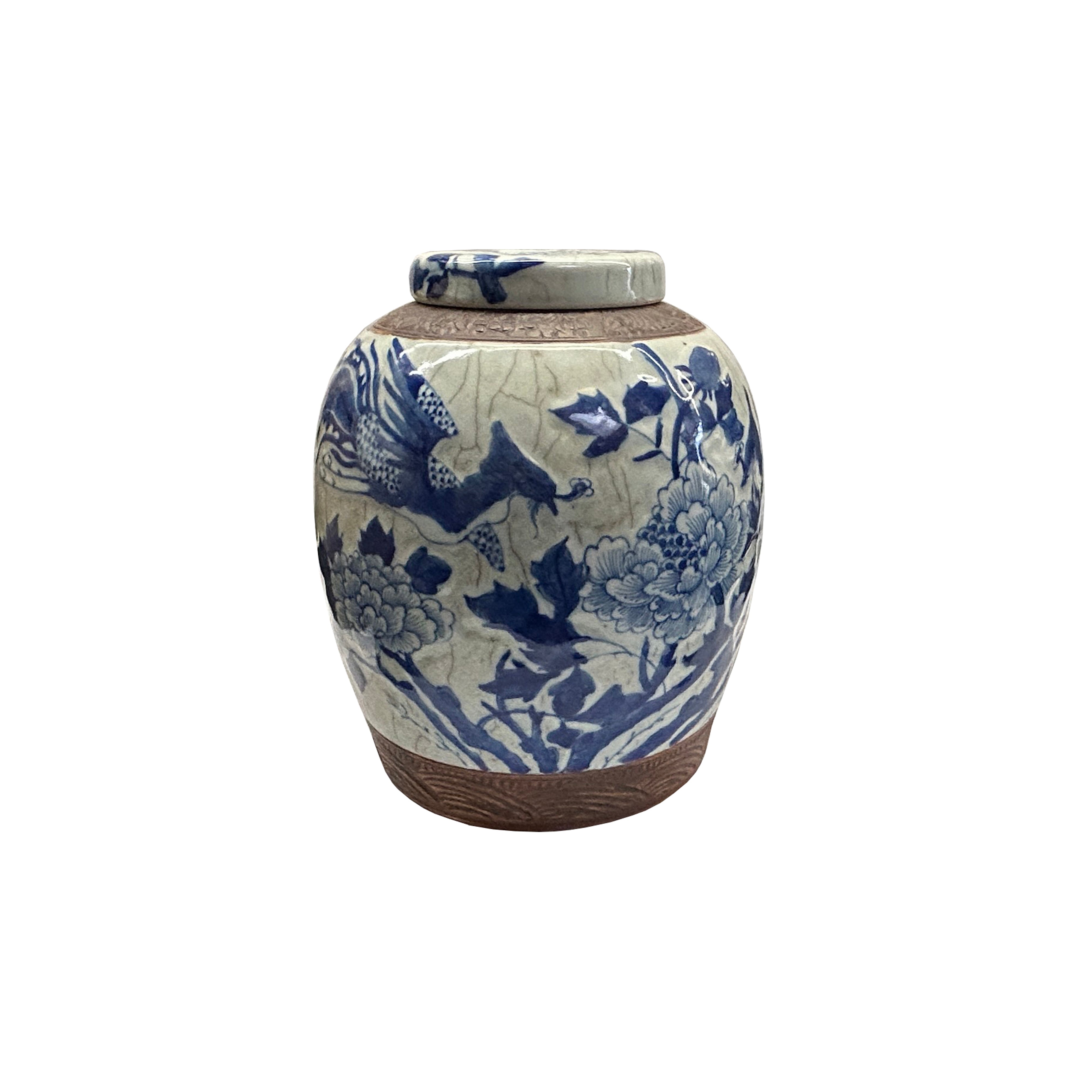 Orient Off White Crackle Blue Floral Phoenix Pattern Ceramic Ginger Jar ws4564S