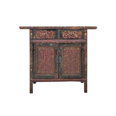 Distressed Vintage Red Brown Relief Floral Motif Side Table Cabinet ws4579S