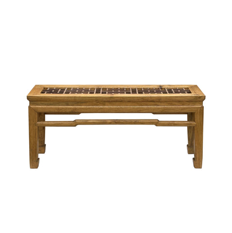 Oriental Ming Style Lattice Panel Inset Light Tan Brown Wood Bench Table ws4587S