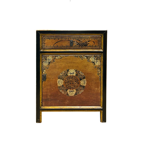 Oriental Distressed Orange Base Flower Graphic Black Body End Table Nightstand ws4596S