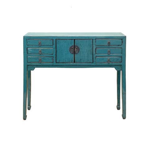 Distressed Blue Lacquer 6 Drawers Narrow Slim Console Foyer Side Table ws4597S