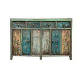 Vintage Chinese Turquoise Blue Flowers Credenza Sideboard Table Cabinet ws4609S