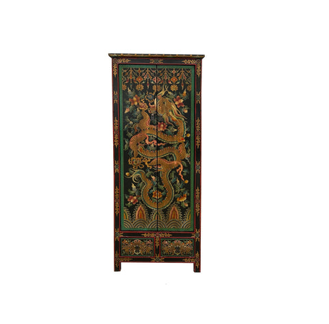 Tibetan Style Golden Dragon Graphic Tall Slim Narrow Storage Cabinet ws4610S