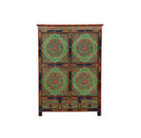 Tibetan Style Lotus Green Geometric Graphic Credenza Storage Cabinet ws4617S