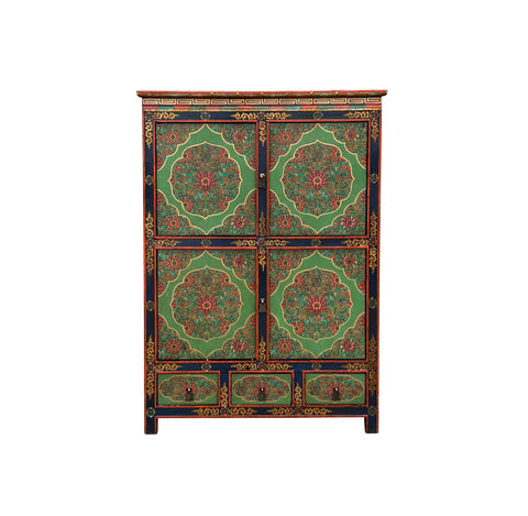 Tibetan Style Lotus Green Geometric Graphic Credenza Storage Cabinet ws4617S