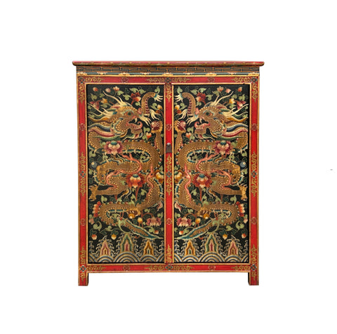 Tibetan Style Golden Double Dragons Graphic Credenza Storage Cabinet ws4618S
