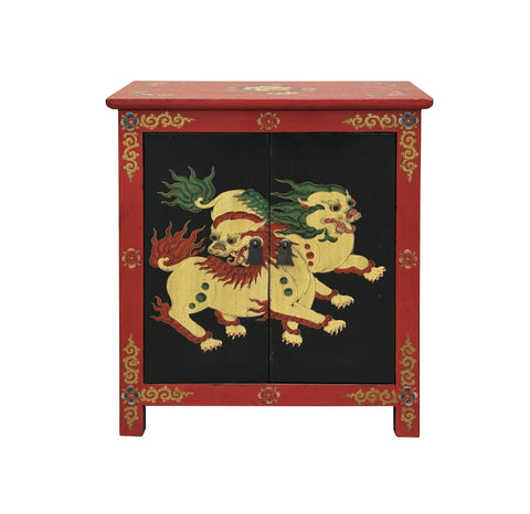 Tibetan Oriental Black Red Foo Dogs Lions End Table Nightstand ws4620S