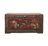 Vintage Distressed Brick Red Brown Flower Bird Oriental Wood Trunk Table ws4621S
