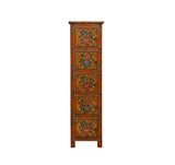 Tibetan Style Orange Flower Graphic Slim Narrow 5 Shelves Storage Cabinet ws4624S
