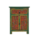 Distressed Green Orange Red Tibetan Floral End Table Nightstand ws4625S