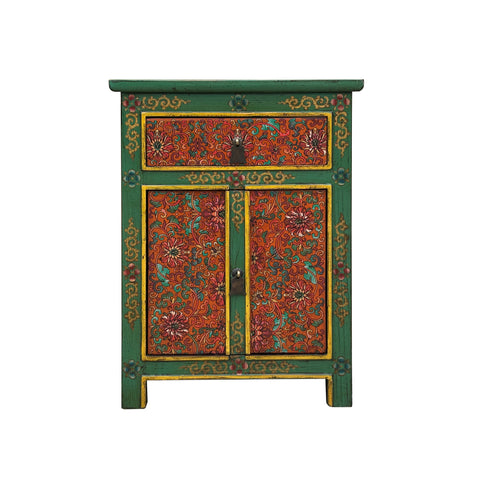 Distressed Green Orange Red Tibetan Floral End Table Nightstand ws4625S