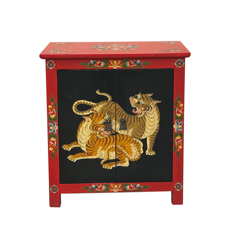 Tibetan Oriental Black Red Tigers Graphic End Table Nightstand ws4626S