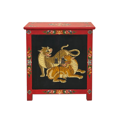 Tibetan Oriental Black Red Tigers Graphic End Table Nightstand ws4627S