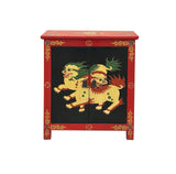 Tibetan Oriental Black Red Foo Dogs Lions End Table Nightstand ws4631S