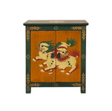 Tibetan Oriental Green Orange Foo Dogs Lions End Table Nightstand ws4632S