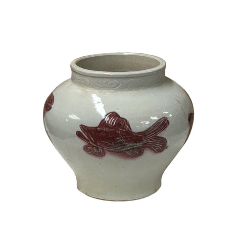 Oriental Off White Base Brick Red Fishes Ceramic Art Vase Jar ws4650S