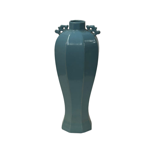 Oriental Octagonal Solid Mid Blue Glaze Ceramic Art Vase Jar ws4657S