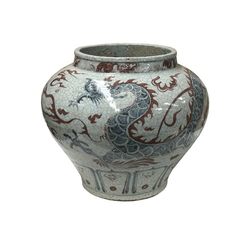 Oriental Off White Crackle Base Blue Red Dragon Ceramic Art Vase Jar ws4658S