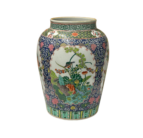 Oriental Famille Rose Blue Flower Birds Graphic Ceramic Art Vase Jar ws4659S