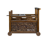 Vintage Chinese Brown Stain Ornate Relief Carving Motif Cart Shape Chest Table ws4664S