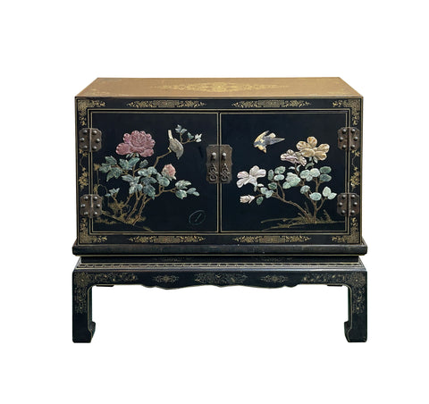 Vintage Oriental Black Base Color Stone Flower Birds Inset Storage Cabinet ws4665S