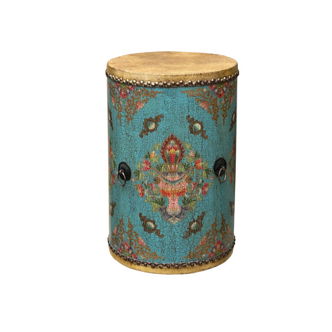 Chinese Tibetan Style Drum Shape Turquoise Jewel Tower Floral Side Table ws4671S