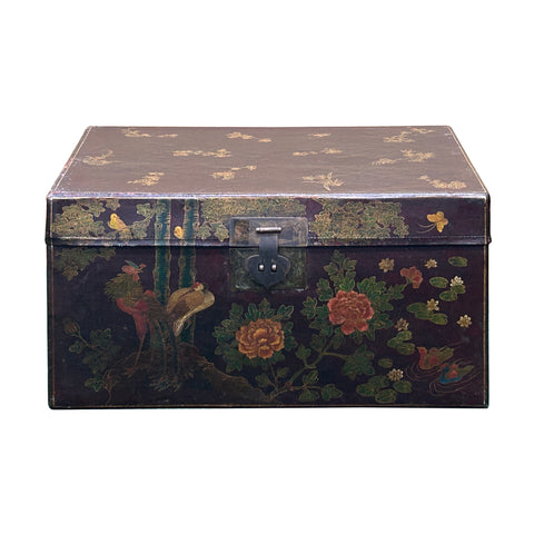 Vintage Distressed Brown Lacquer Flower Birds Oriental Wood Trunk Table ws4672S