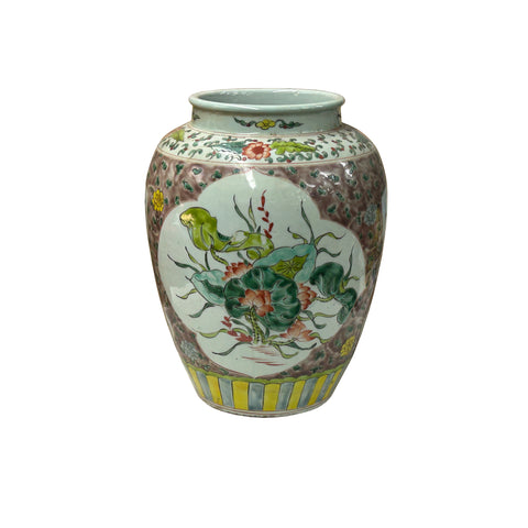 Vintage Chinese Color Porcelain Lotus Bird Scenery Pot Jar Vase ws4676S