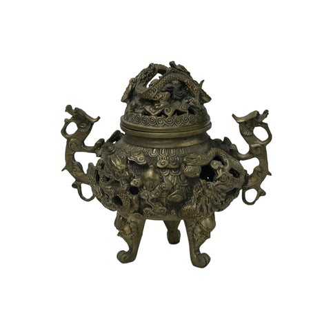 Vintage Bronze Color Metal Dragons Tri Legs Ding Incense Burner Art ws4743S