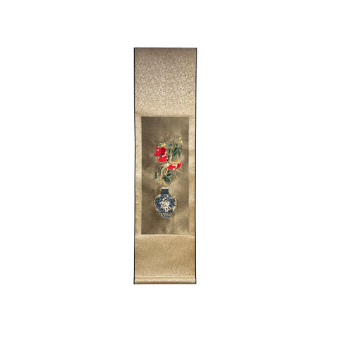 Chinese Red Flower Vase Embroidery Scroll Painting Wall Art ws4778S
