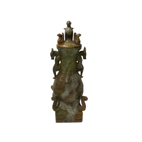 Green Gray Stone Carved Ritual Fengshui Vase Jar Display Art ws4787S