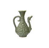 Vintage Chinese Celadon Green Ceramic Flask Shape Motif Vase Jar Display ws4832S